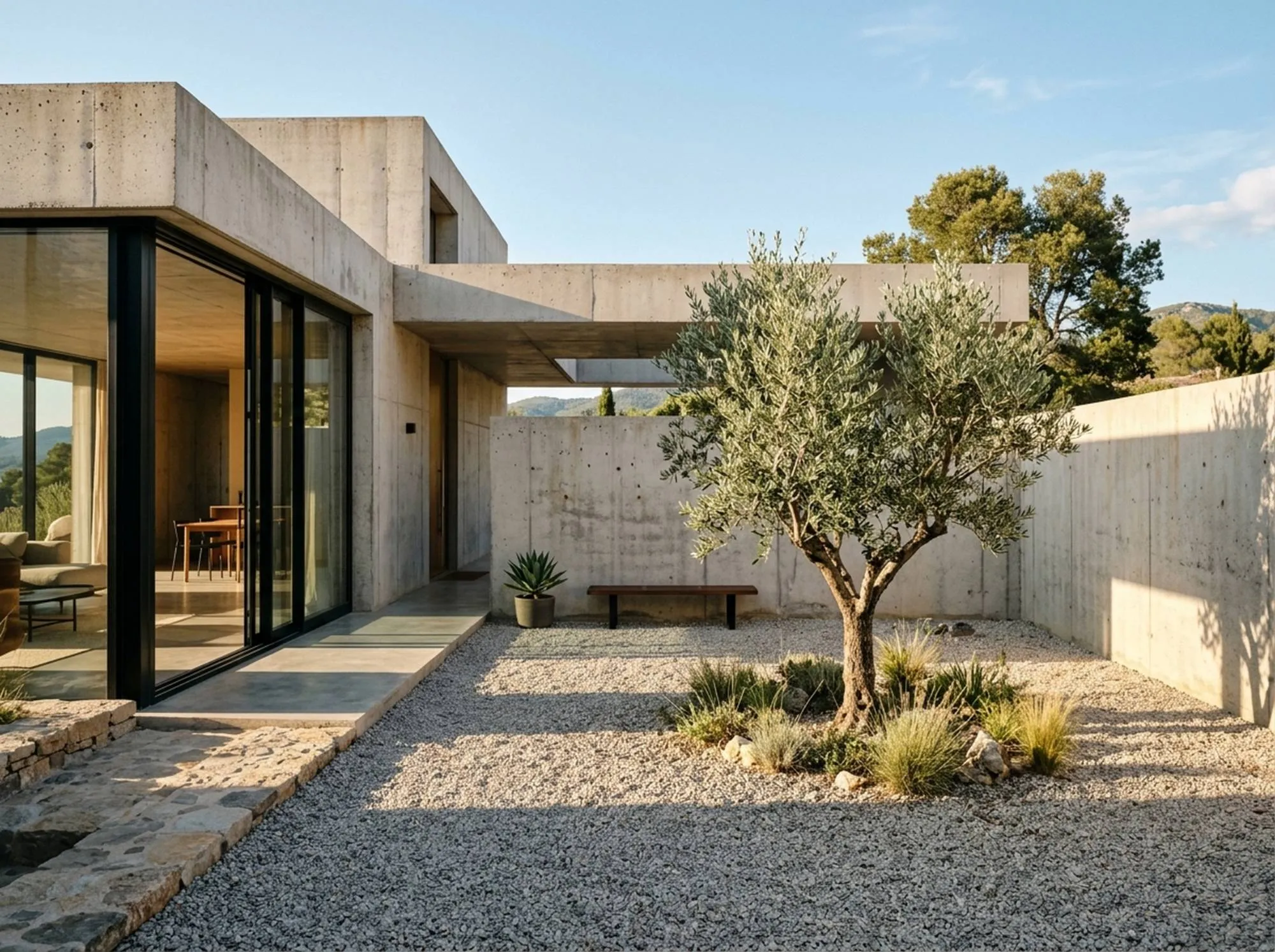 Vivienda de hormigón con patio de grava y olivo