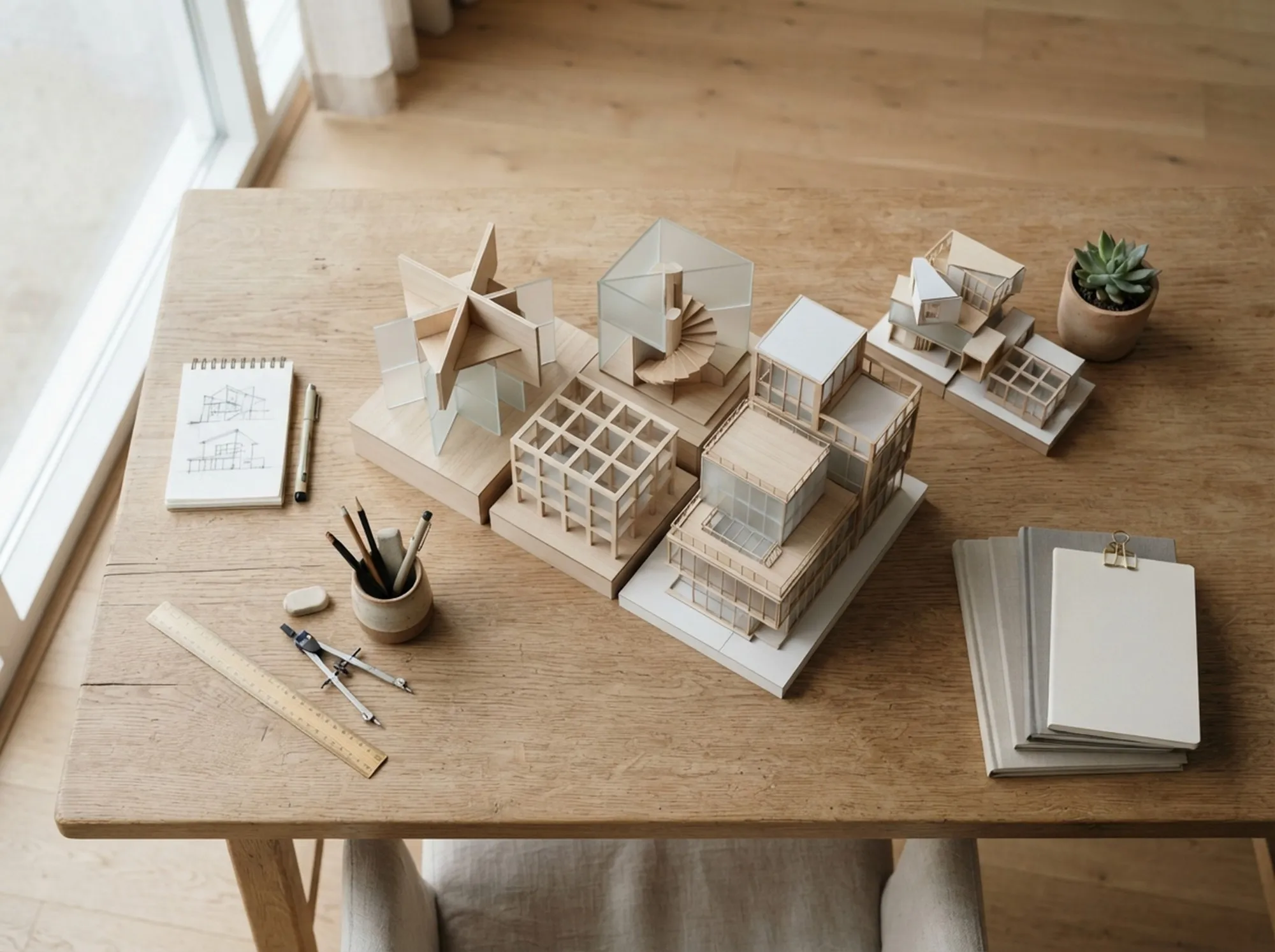 Mesa de trabajo con maquetas, bocetos y útiles de dibujo