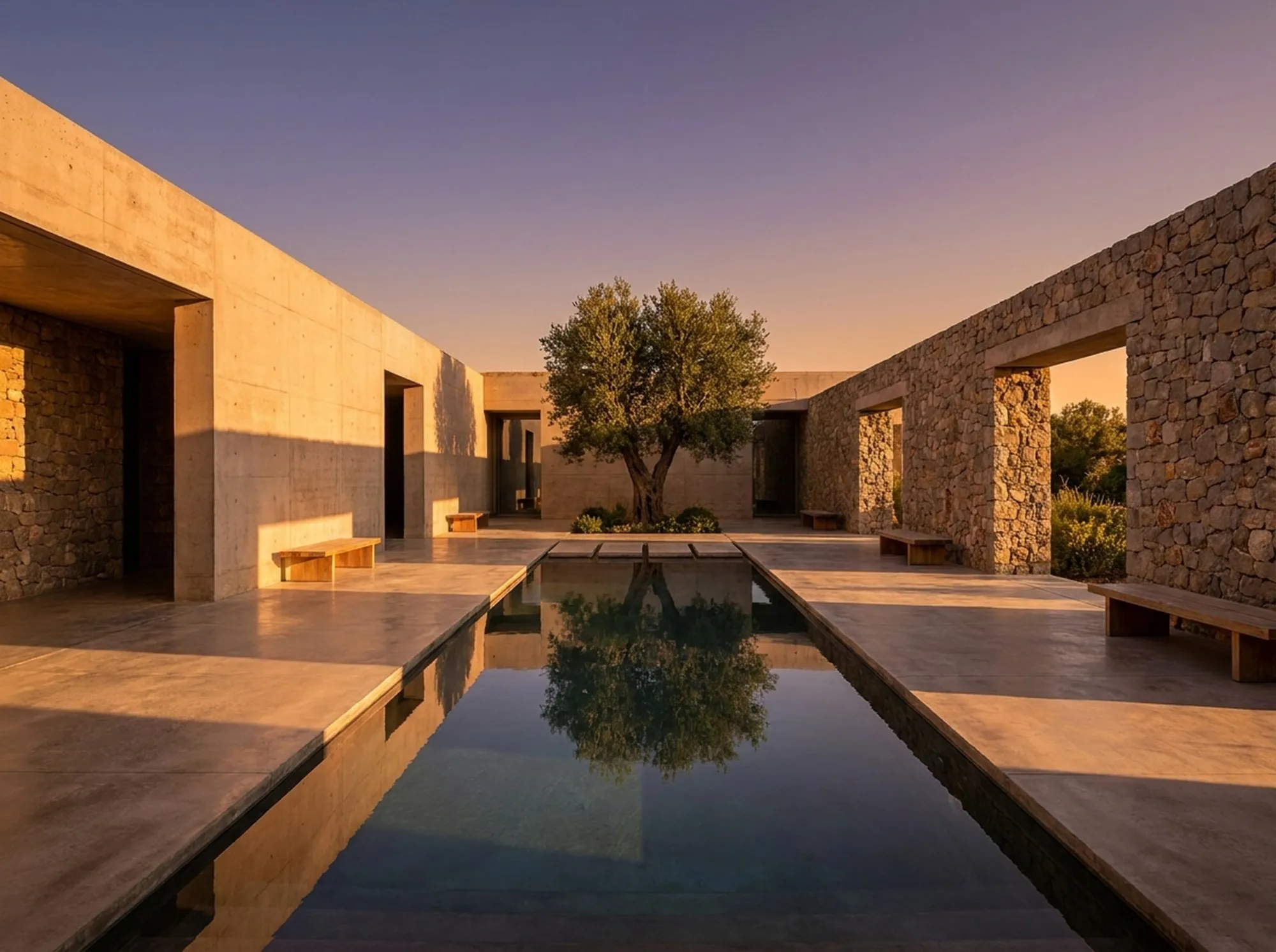 Patio con olivo y lámina de agua entre muros de hormigón y piedra al atardecer